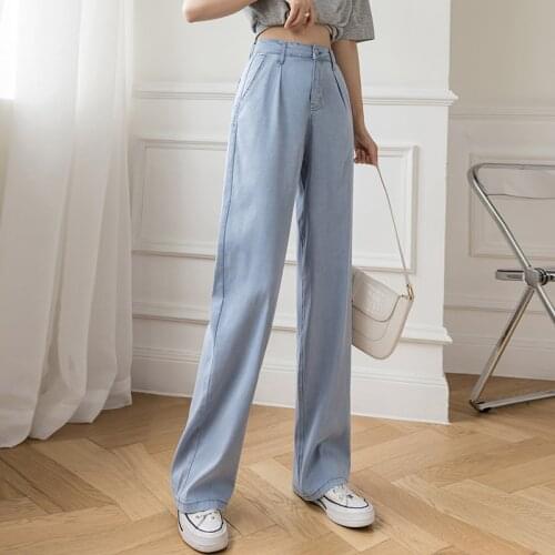 Women Casual High Waist Loose Thin Pants 2021 Summer Wide Leg Jeans Loose Ice Silk Straight Trousers Female Long Denim Pants Pop