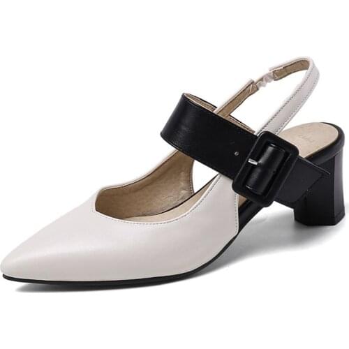 COOLULU 2020 New Fashion Women Pointed Toe Mules All Match Square High Heel Ladies Pumps Buckle Design Ladies Pumps Size 32-48