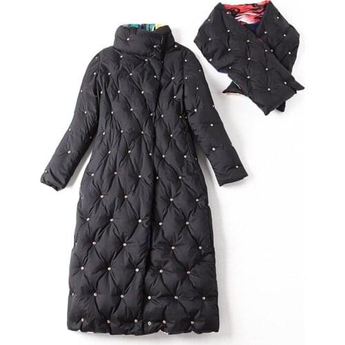 Winter pure color womens clothing in Europe and the heavy industry long scarf lozenge case more nail bead down jacket