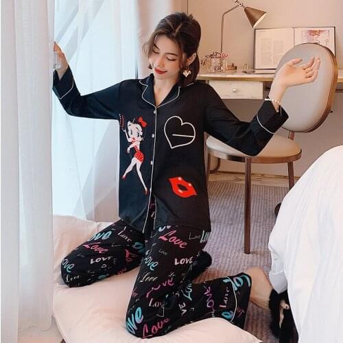 Women Ice silk Pajamas Sets Autumn Luxury High Quality Homewear Lapel Pajamas Adult Hot Sale Cardigan Long sleeve Loose Pajamas
