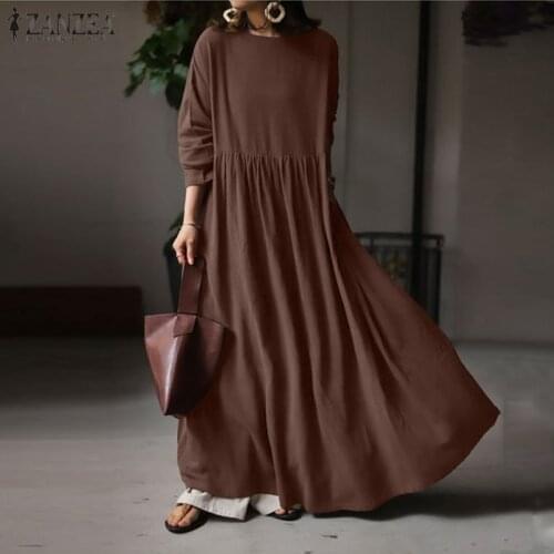 Women Elegant Maxi Long Dress ZANZEA 2021 Autumn Vintage Long Sleeve Solid Sundress Kaftan Femme Robe Vestidos Plus Size Baggy