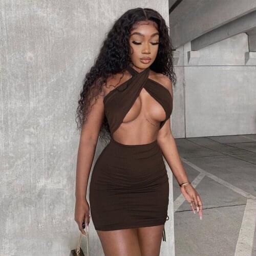 New Fashion Halter Hollow Out Sexy Dress Women Two Piece Set Bandage Bodycon Mini Summer Casual Beach Party Club Outfits 2021