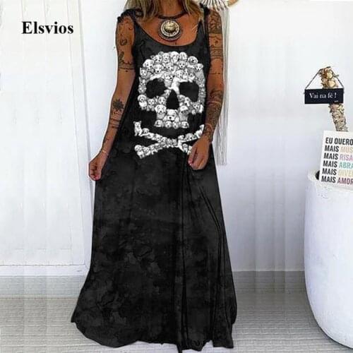 Fashion O-Neck Women Loose Party Dress Casual Vintage Skull Print Beach Long Dress Elegant Summer Sleeveless Tie-Up Sling Dress