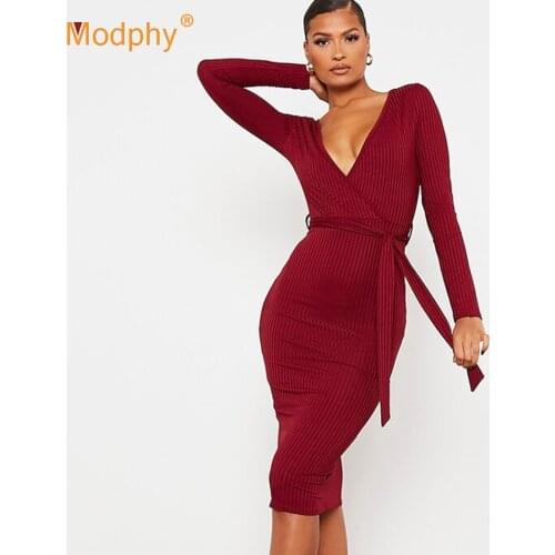 New Womens Sexy Long Sleeve V-neck Belt Knitted Bodycon Dress 2020 Autumn Celebrity Runway Evening Party Dress Vestidos