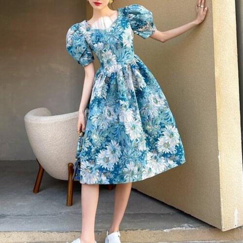 2021 Summer Women High Quality Puff Sleeve Royal Court Vintage Dress Female Printed Jacquard Large Size Blue Floral Dresses