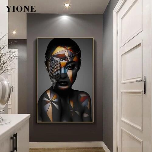 African Black Woman Geometric Face Chain Picture Print Modern Figure Canvas Painting Wall Art Poster Decoration for Living Room