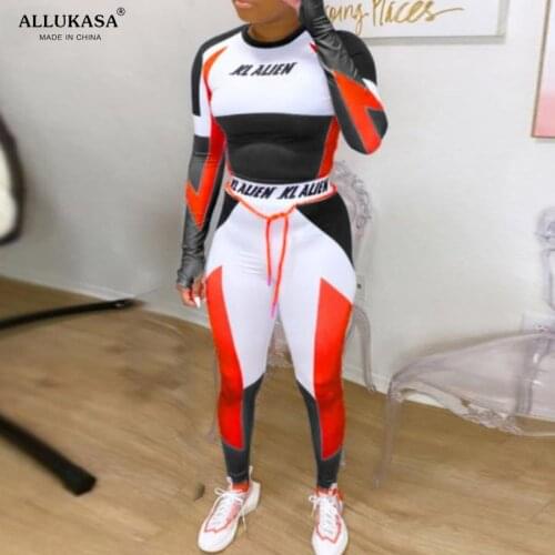 Allukasa Women Long Sleeve Tops Slim Outfit Tracksuit Two Pieces Set Letter Print Sexy Elastic Skinny Leggings Female Sportswear