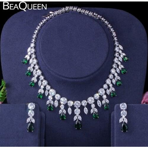 BeaQueen Exquisite Green Water Drop Earrings Necklace Cubic Zirconia Wedding Party Gift Bridal Jewelry Sets for Women JS182