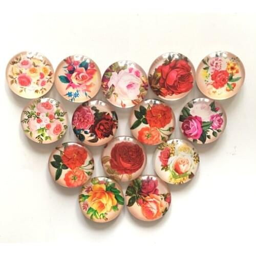 Free shipping (14pcs/lot) Retro Flowers Round Crystal Glass fridge magnet Colorful Rose message sticker Kitchen Home Decoration