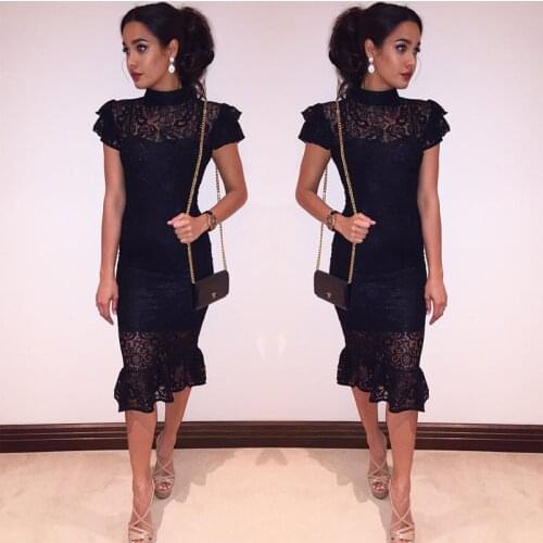 AHVIT Black Lace Skinny Elegant Women Dress Short Sleeve Round Collar Sexy Fashion Party Bandage Dress YL2388