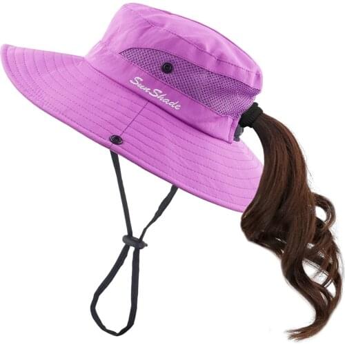 Kids Girls Ponytail Summer Sun Hat Wide Brim UV Protection Bucket Cap Women Outdoor Wide Brim Foldable Safari Fishing Cap