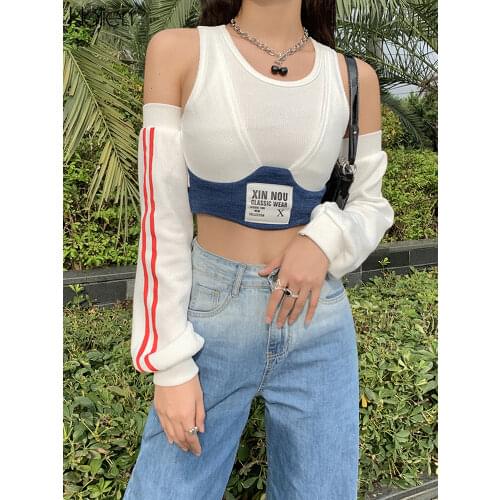 KLALIEN Spring Fashion Patchwork Women T-shirt 2021 New Sexy Off Shoulder Rib Knitted Letter Slim Wild Streetwear Female Top