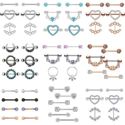 Stainless Steel Heart Nipple Piercing Ring 14G Crystal Tongue Ring Nipple Barbell Set Charming Piercing Nipple Set Pircing Teton