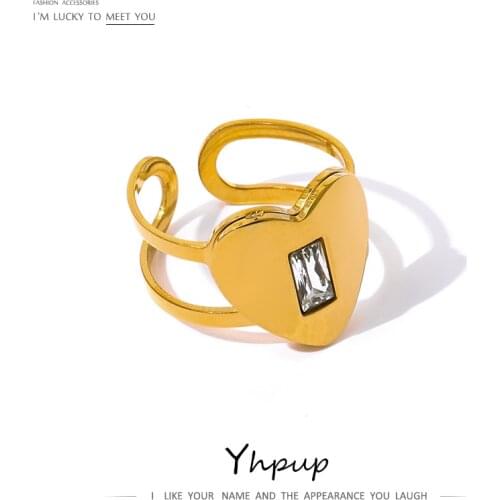 Yhpup New Stainless Steel Heart Opening Ring Delicate Bling Cubic Zirconia Women Ring 18 K Metal Anillos Mujer Anniversary Gift