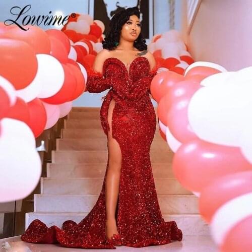 Red Long Prom Dresses Sequined Mermaid Evening Dress Plus Size Aso Ebi Party Gowns For African Women Arabic Red Evening Wear