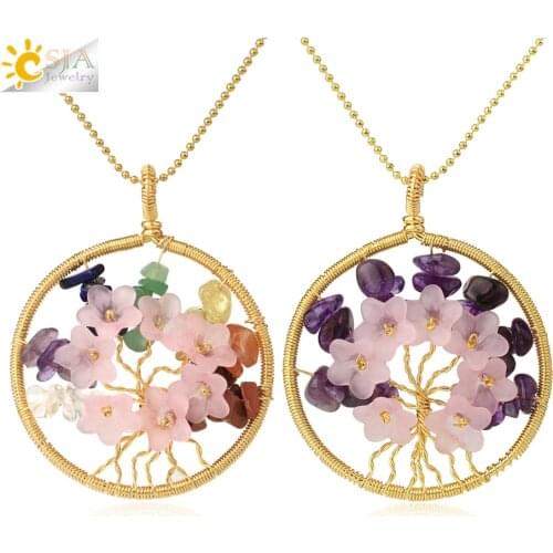 CSJA Natural Stone Round Pendant Necklace Tree of Life Chip Bead Plastic Flower Gold-color Wire Wrap Pendants Charm Jewelry G406