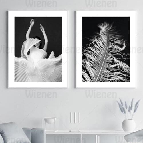 Fashion Wall Art Black White Canvas Painting Beauty Feather Deco Poster Elegant Woman Wall Picture Home Decor Living Room Bedroo