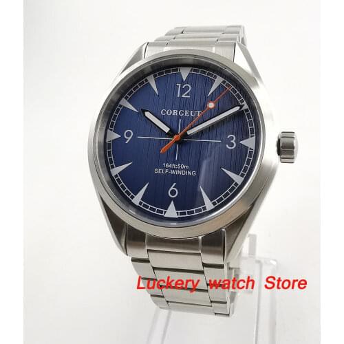 41mm Corgeut mens watch blue dial silver marks sapphire glass 5ATM water resistance Automatic watch-CA44