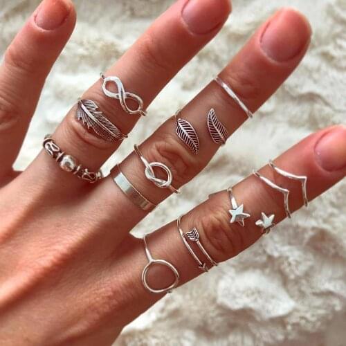 12Pcs/ Set Boho Women Rings Set Leaves feather knotted infinite Vintage silver color Midi Ring set Charm Lady Lover Gift J006