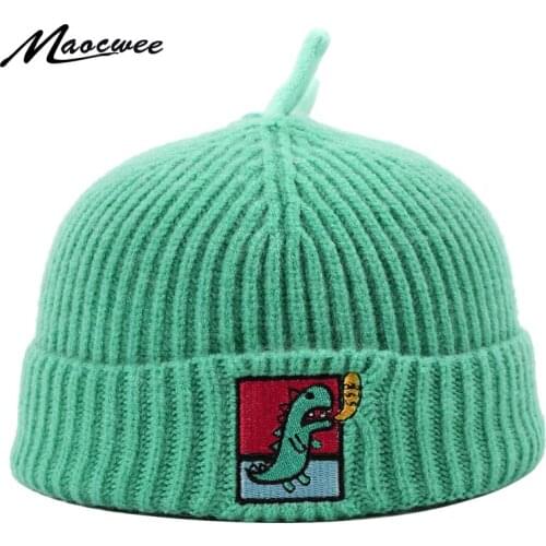 New Kid Hats Children Hat Cartoon Dinosaur Baby Warm Autumn And Winter Embroidery Knit Beanie Fur Baby Boys Girls Cap 1-3Year