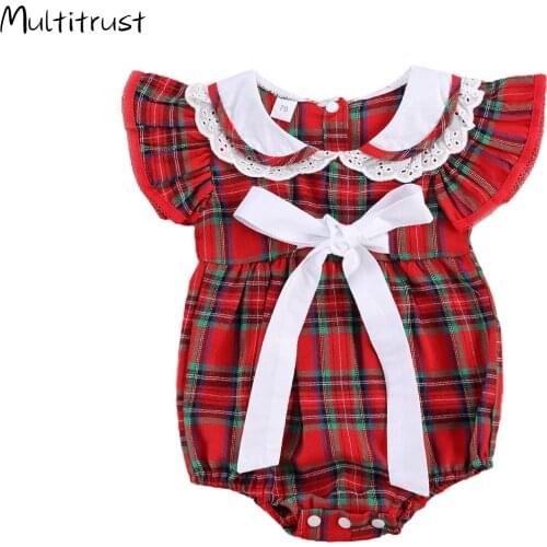 0-18M Chriatams Clothes Baby Girls Boys Bodysuits Plaid Print Ruffles Sleeve Lace Bow Peter Pan Collar Jumpsuits