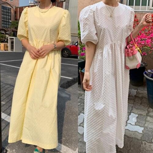 Women Long Dress Puff-Sleeve Oversize Dots Cotton Blend Ladies Maxi Summer Dress 2021 New Sweet Casual Ladies Clothes Oversize