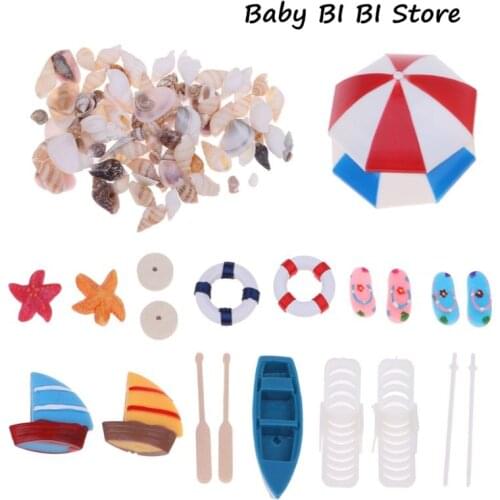 Beach Sun Umbrella Boat Shell Kits Miniature Landscape Fairy 1/12 Dollhouse Garden Figurine Miniature Ornament Decor
