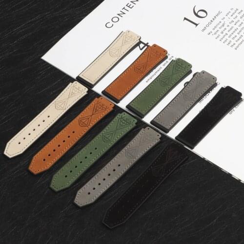 25*17mm Watch band accessories for Hublot strap horse leather with silicone back watchband folding buckle for big Bang belt