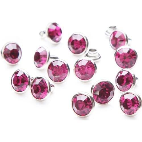 100Sets 6mm&8mm Crystal Fuchsia Rhinestone Rivets Silver Metal Base Studs Clothing Bag Leathercraft Rivet