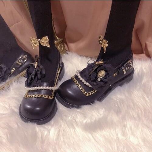 Womens Round Toe Metal Chain Bowknot Pears Stitching Socks Mid Calf Boots Lolita Shoes Belt Buckle Cosplay Punk Low Heel 2021