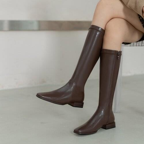 Black Brown Spring Autumn Comfortable Low Heeled Women High Boots Solid Color Square Toe Fashion Zipper Plus Size Womens Boots