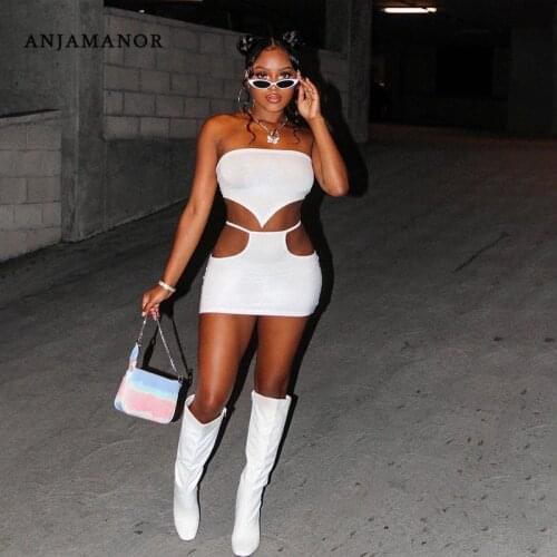 ANJAMANOR Sexy 2 Piece Sets Womens Outfits Club Dresses Crop Top and Hollow Out Mini Skirt Matching Sets Black White D96-BF15