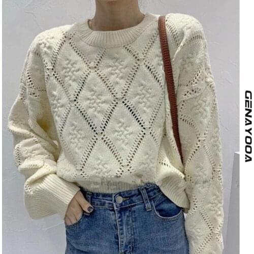 Genayooa Solid Pullover Sweater Knitted Women Winter 2020 Casual Long Sleeve O Neck Short Hollow Out Ladies Jumpers Korean Style