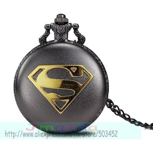 100pcs/lot 0001# Retro New Arrival Cool Black Case Super-man Theme Pocket Watch Blue Dial Quartz Fob Watch With Chain Necklace