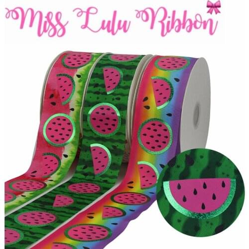 3"75mm Watermelon Series Green Hologram Foil Black Pink Ink Printing Printed Grosgrain Ribbon DIY Gradient Color 50yards/roll