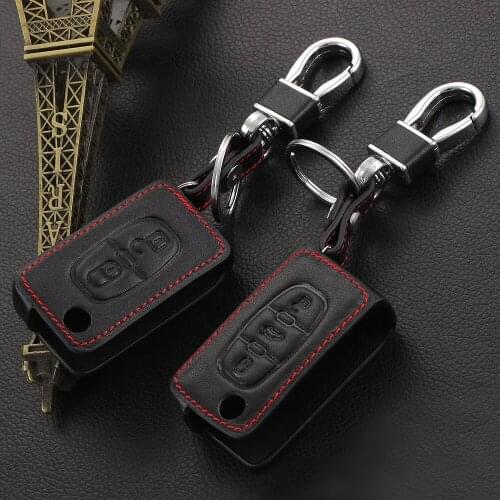 Fold key Black Genuine leather Car Key Cover keychain For Peugeot RCZ 206 207 307 407 308 508 For Citroen C2 C3 C4 C5 C6 Quatre