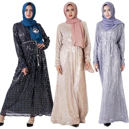 Elegant Muslim Abaya Women Sequins Long Sleeve Dress Kaftan Cocktail Robe Jilbab Gown Islamic Turkish Moroccan Maxi Clothing New