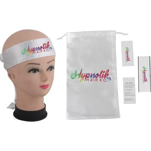 Custom Virgin hair extensions bundles packaging satin wrapping head band,storage bags,paper hang tag,self adhesive wrap stickers