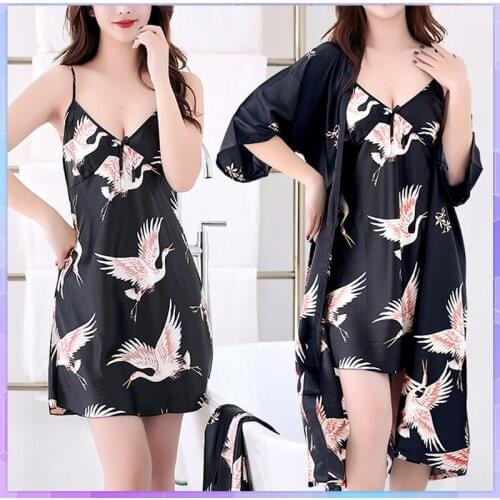 Summer Sling Nightgown Silk Polyester 2pcs Suit Long Sleeve Robe V Sexy Night Dress Womens Sleepwear Set Nightwear Autumn