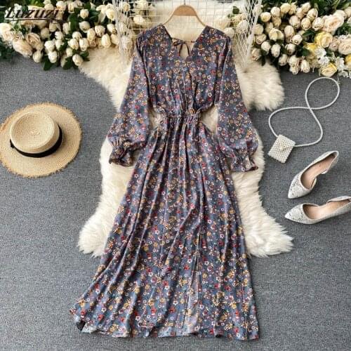 Luzuzi 2021 New Spring Summer Womens Floral Chiffon Dress Femme Robe Long Sleeve Fashion Sexy V-Neck Vintage Dress Clothing