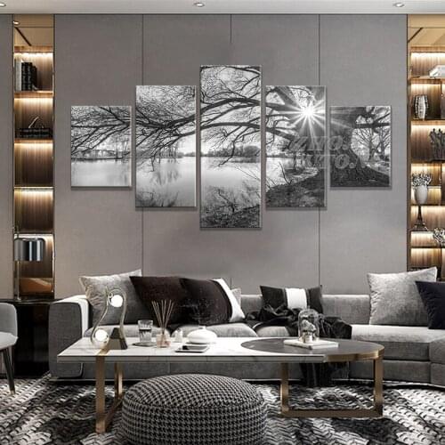 Canvas Modular Print Wall Art HD 5 Pieces Lakeside Big Trees Paintings Black White Landscape Home Decor Frame Painting Picture