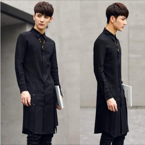 2021 Summer New Medium-long Shirt Men Slim Outerwear Fashion Thin Long-sleeve Linen Shirt Hairstylist Clothing Singer Costumes