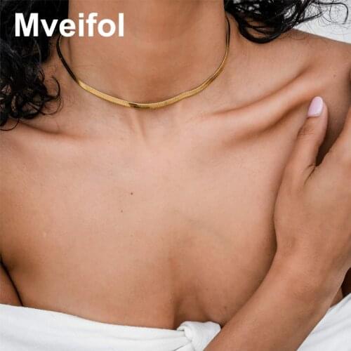 Mveifol 3mm Stainless Steel Flat Snake Chain Necklace for Women Herringbone Snake Choker Collier Collar Jewelry Non Tarnish