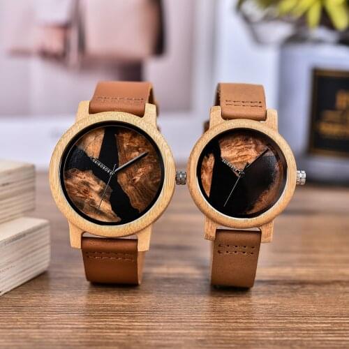 Couple Watches Thuja Wood with Blue/Ink Resin Elegant Bamboo Wooden Quartz Wristwatch Men Ladies Timepieces Relogio Masculino