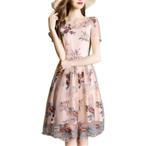 Dress female summer New Embroidered dress female ladies in the long section Slim was thin round neck A word Dress women
