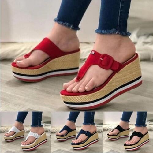 Summer Womens Wedges Sandals Beach Casual Female Platform Peep Toe Slippers Shoes Slingback Lady Solid Color Buckle Flip Flops