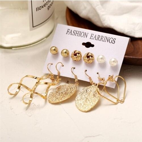 HOCOLE Fashion Gold Color Geometric Stud Earring Set For Women Vintage Leaves Pearl Heart Metal Drop Earrings Jewelry 2019 New