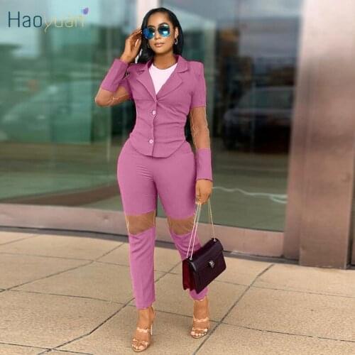 HAOYUAN Sexy Mesh Sheer 2 Piece Set Long Sleeve Button Suit Coat Fitness Pants for Women Summer Outfits Office Lady Matching Set