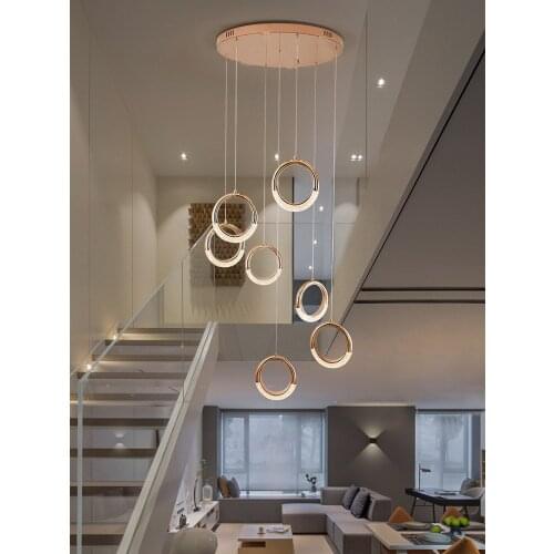 Modern Art Round Electroplating Golden Stairs Chandelier Nordic Living Room Lamps Duplex Loft Lamp Villa Rotating Stair Fixtures