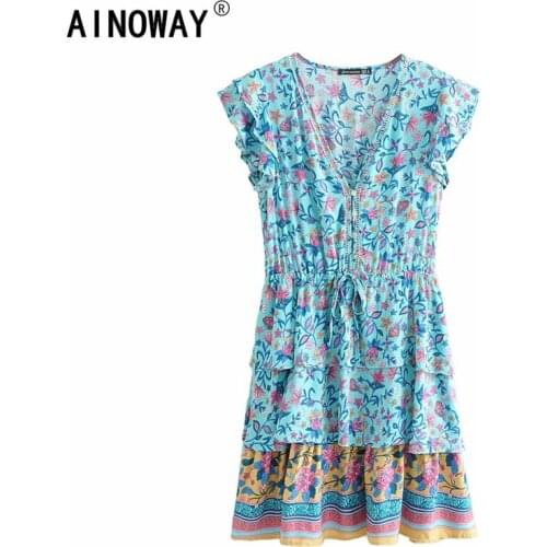 Vintage chic women floral print beach Bohemian Mini dress Ladies ruffles short sleeve v-neck rayon cotton Boho dress vestidos